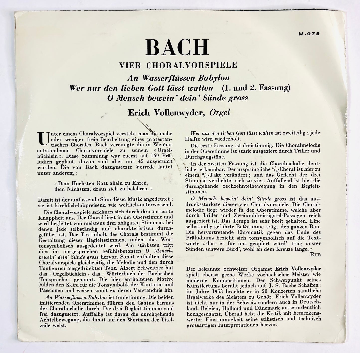 J.S. BACH - Vier Choralvorspiele - 33rpm Nero