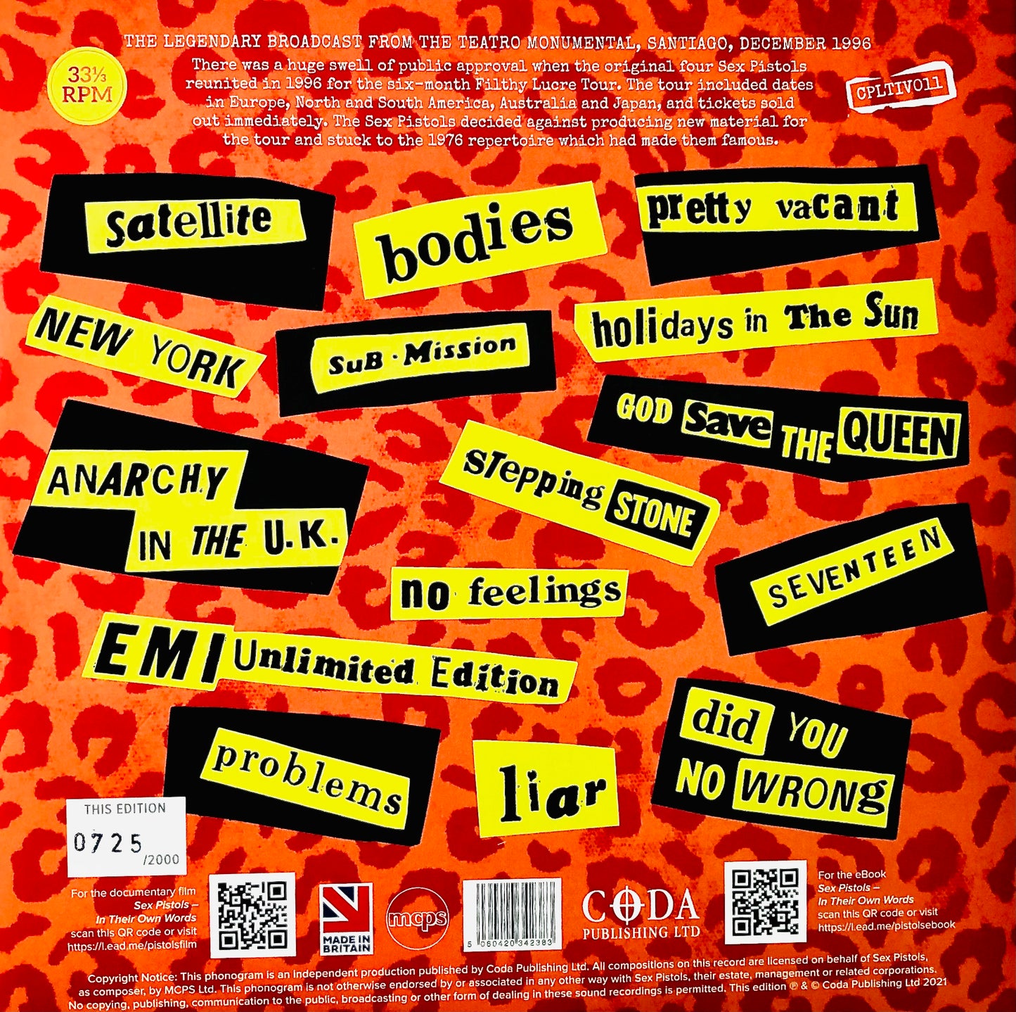 SEX PISTOLS	- Same old ten inch Bollocks in Santiago - Doppio Vinile Arancione Fiammato (importazione UK)