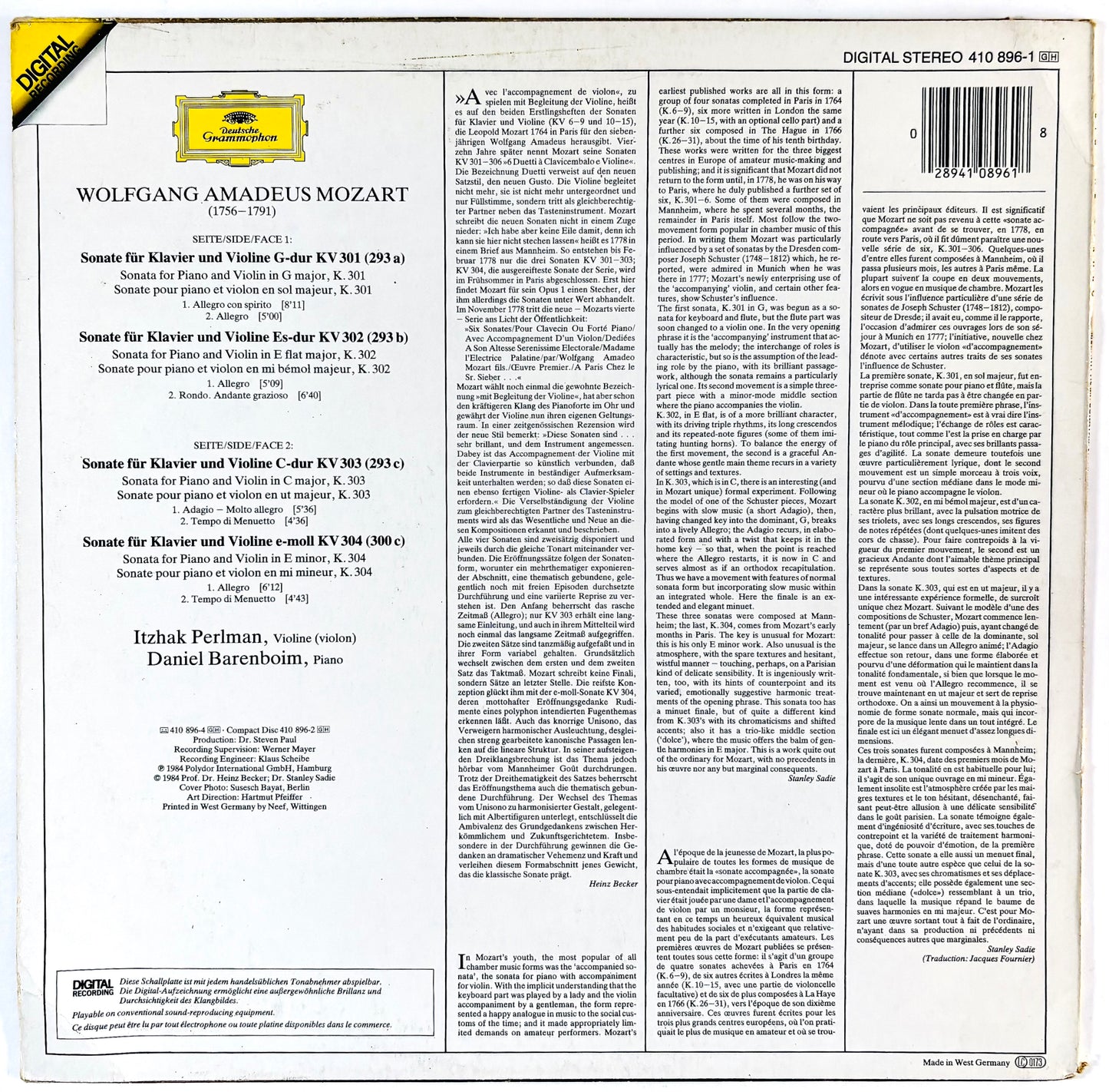 Barenboim Daniel - Wolfgang Amadeus Mozart (Violin Sonatas) - Vinile Nero (Black Vinyl)