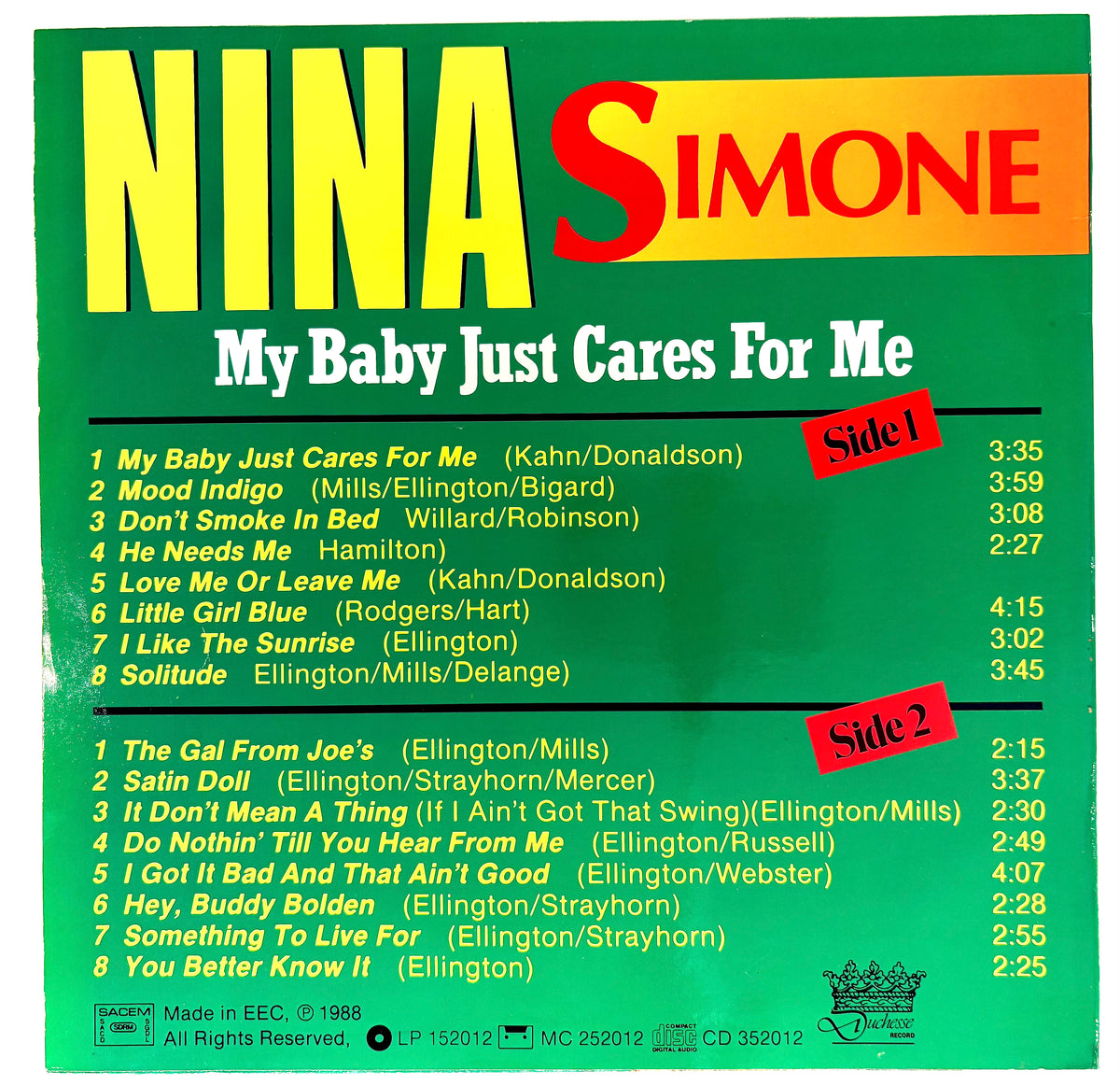 NINA SIMONE - My baby just cares for me - Vinile Nero (Black Vinyl) (1988)
