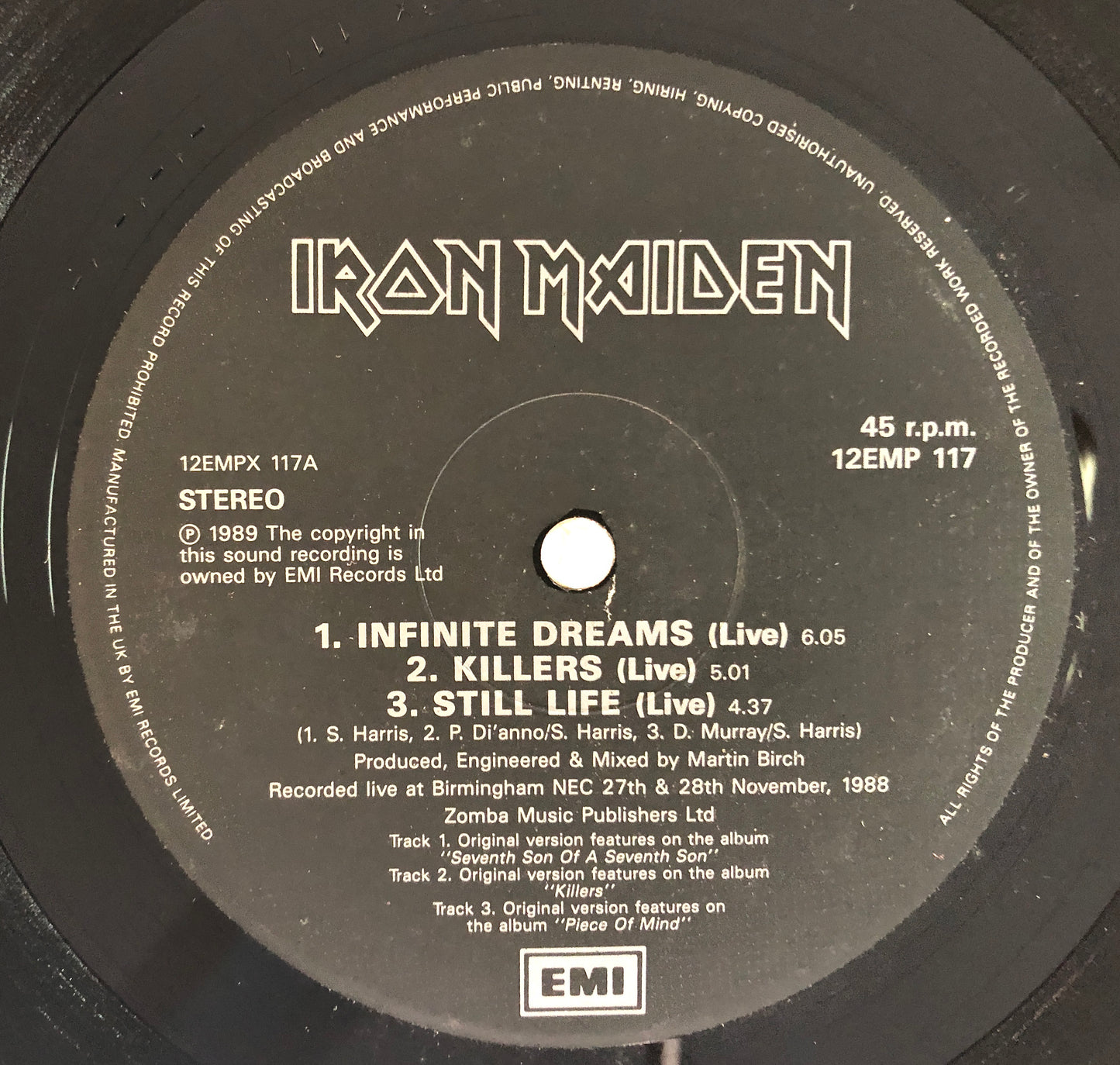 Iron Maiden - Live Birmingham (UK) - Vinile Nero(45rpm)(7" Black Vinyl)(EMI 1989)