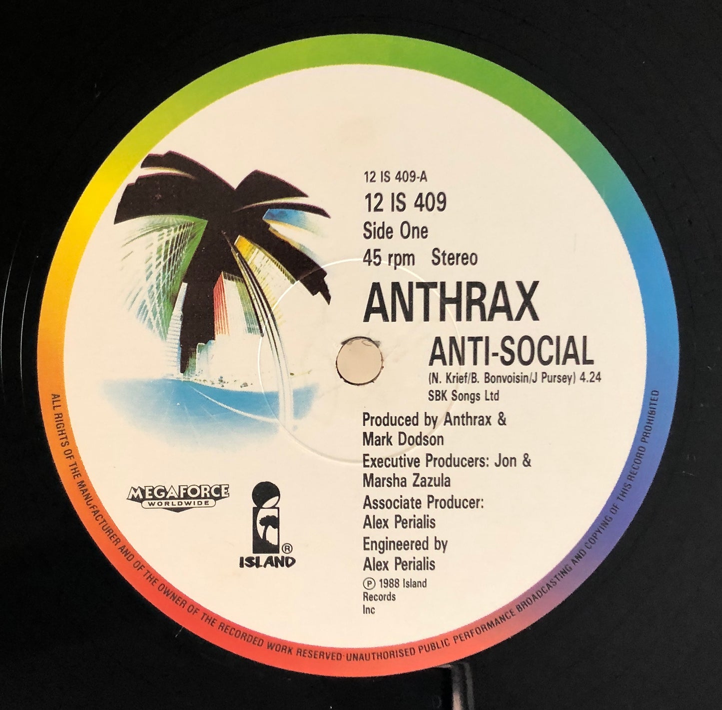 ANTHRAX - Anti-Social - Vinile Nero (45rpm) (7" Black Vinyl) (Island Records 1989)