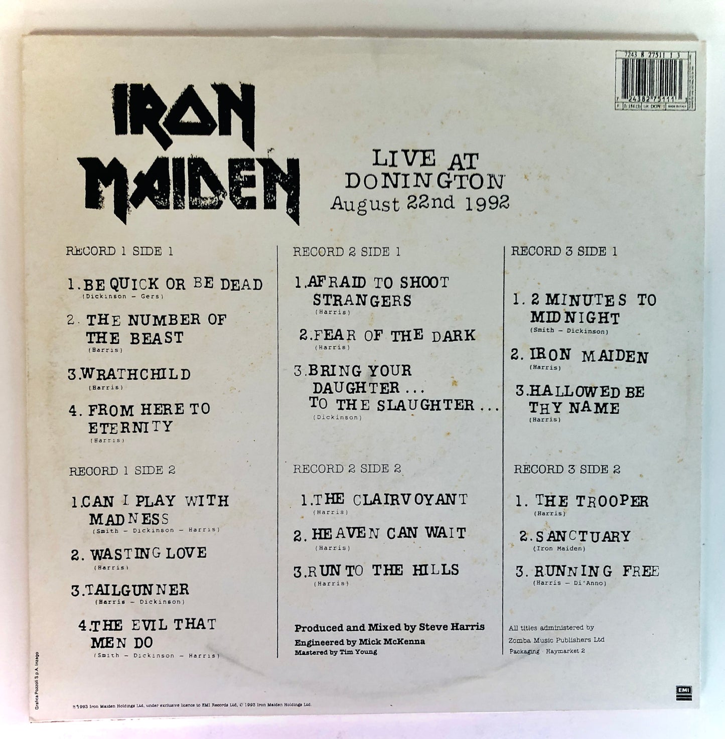 Iron Maiden - Live at Donington - Triplo Vinile Nero (3LPs Black Vinyl) (EMI 1993)