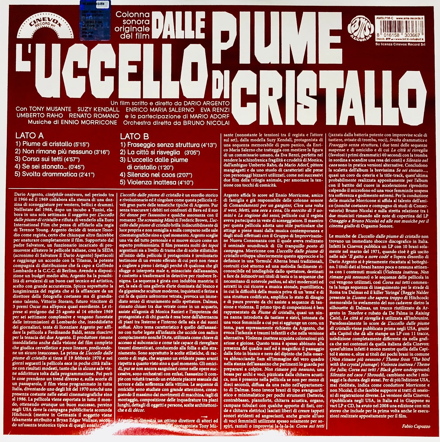 ENNIO MORRICONE - L’ uccello dalle Piume di Cristallo - Vinile Cristallo Trasparente