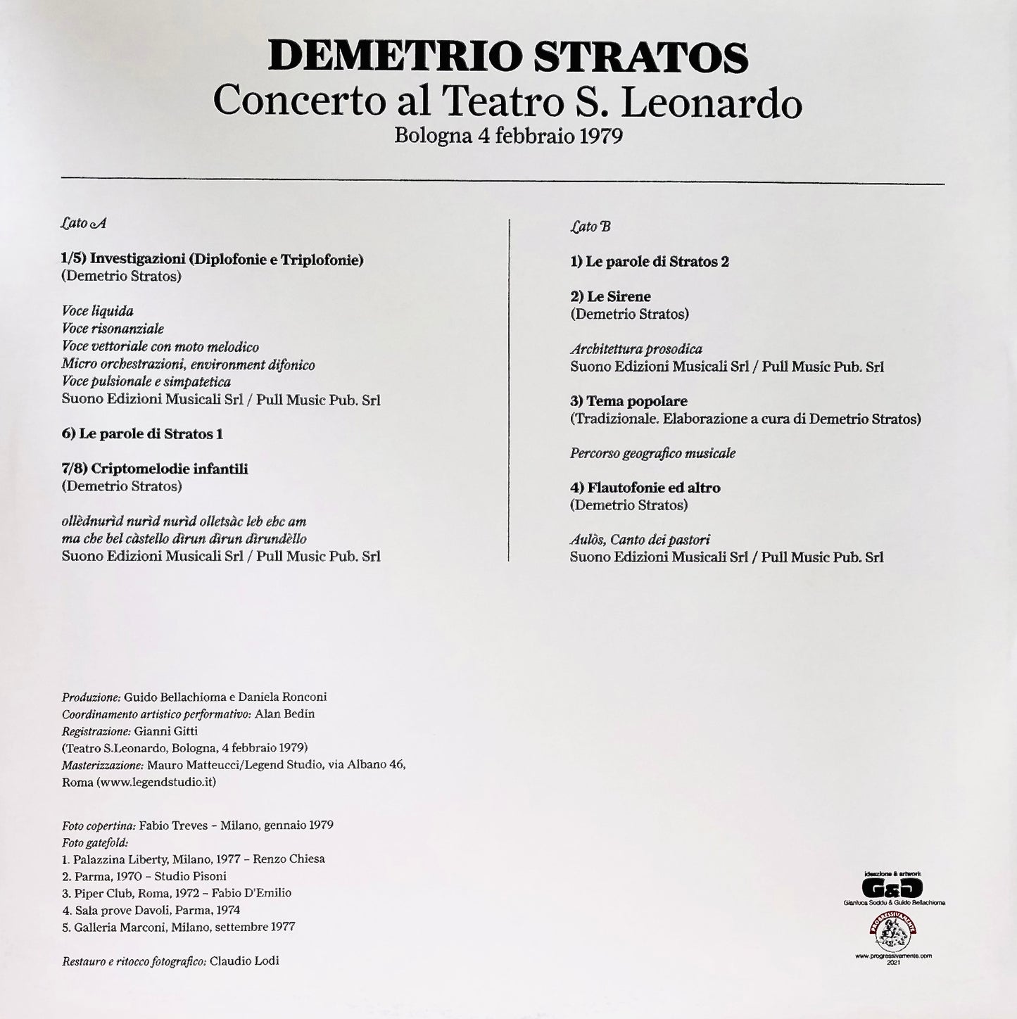 DEMETRIO STRATOS - Concerto al teatro San Leonardo (Bologna, 4 febbraio 1979) - Vinile Nero