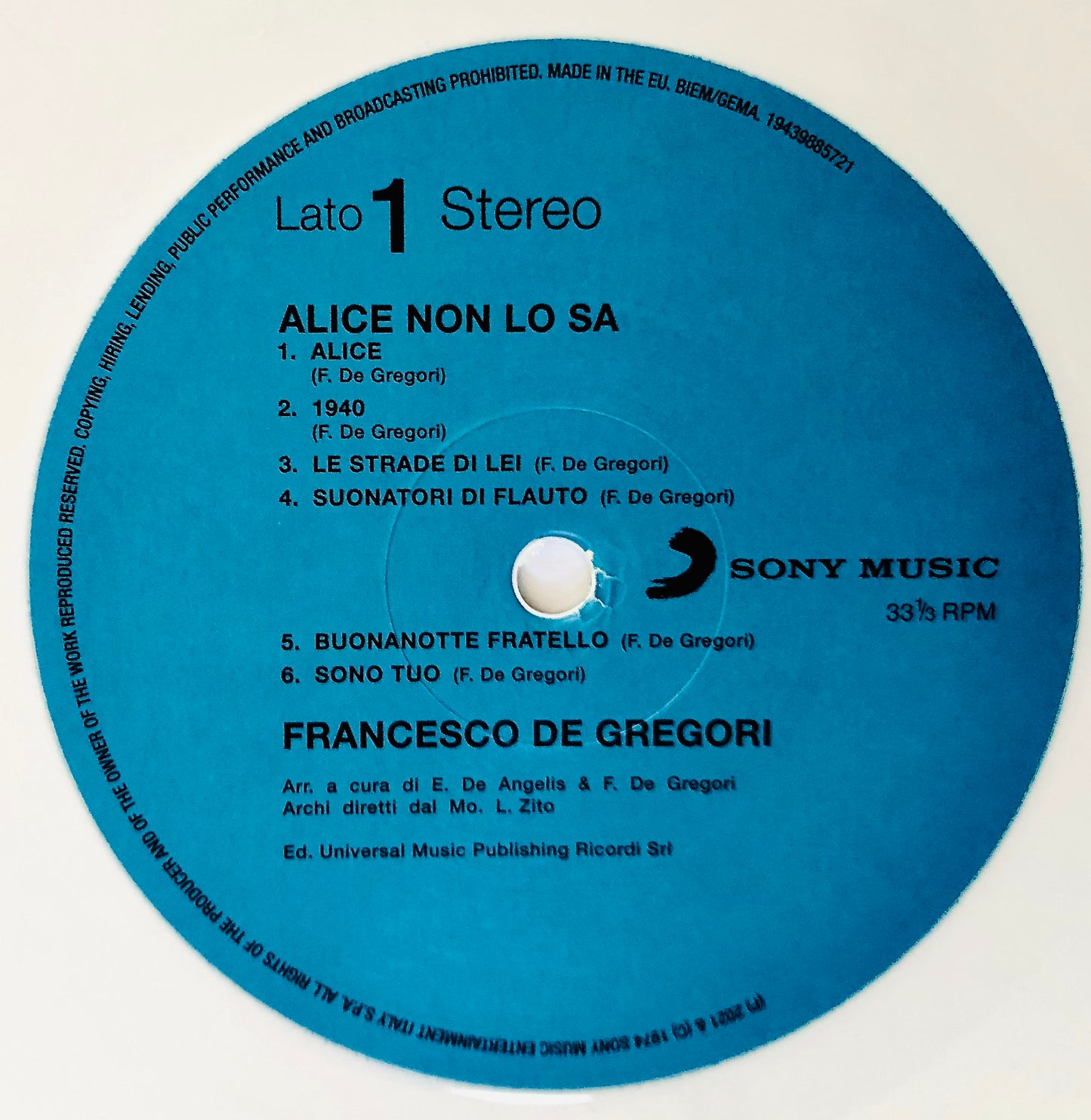 FRANCESCO DE GREGORI - Alice non lo sa - Vinile Bianco Solido