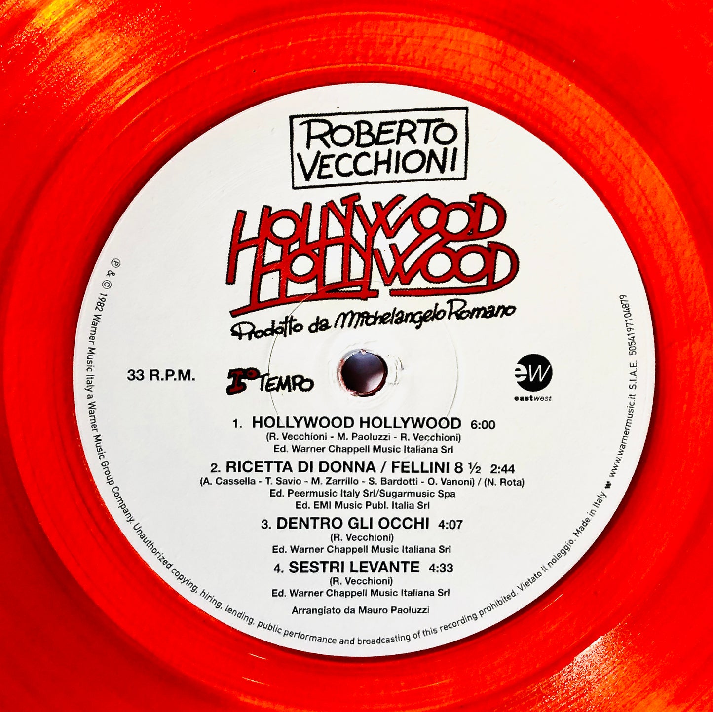 ROBERTO VECCHIONI - Hollywood Hollywood - Vinile Arancione Trasparente Record Store Day 2021 (Ed. Lim. Num. 1000 copie)